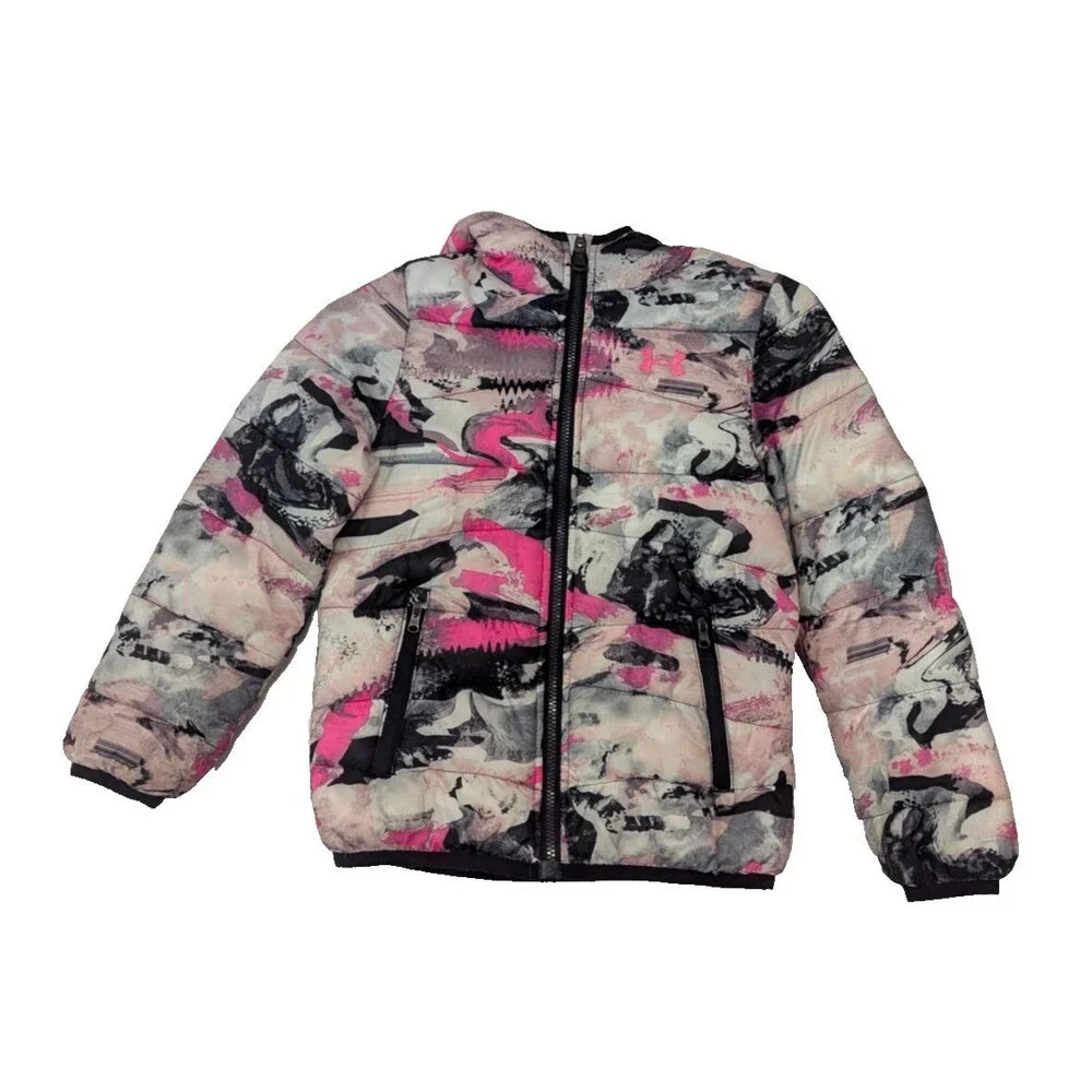 Under Armour Girls 6X Cold Gear Puffer Jacket Hooded Neon Pink Black Abstract
